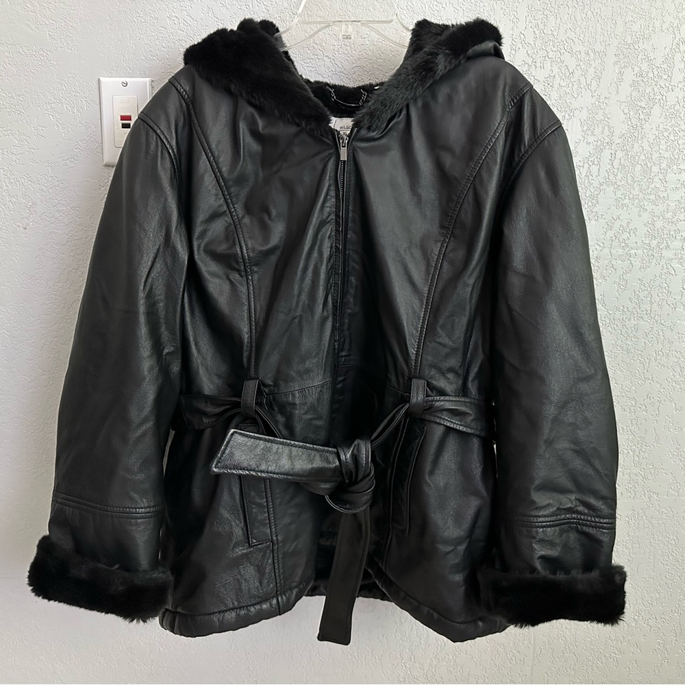 Black genuine leather faux fur lined coat